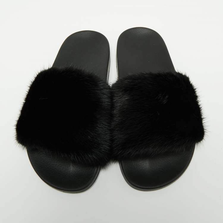 Pre Owned Givenchy Black Mink Fur Pool Slide Sandals Size 37