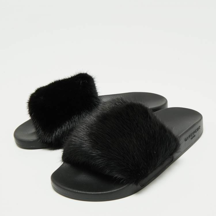 Pre Owned Givenchy Black Mink Fur Pool Slide Sandals Size 37
