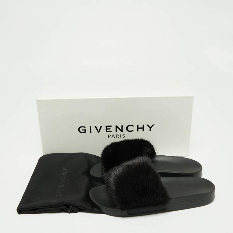 Pre Owned Givenchy Black Mink Fur Pool Slide Sandals Size 37