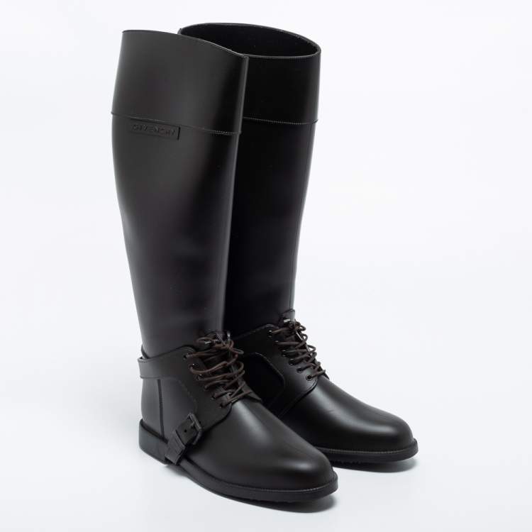Pre Owned Givenchy Brown Rubber Riding Knee Length Lace Up Boots Size 39