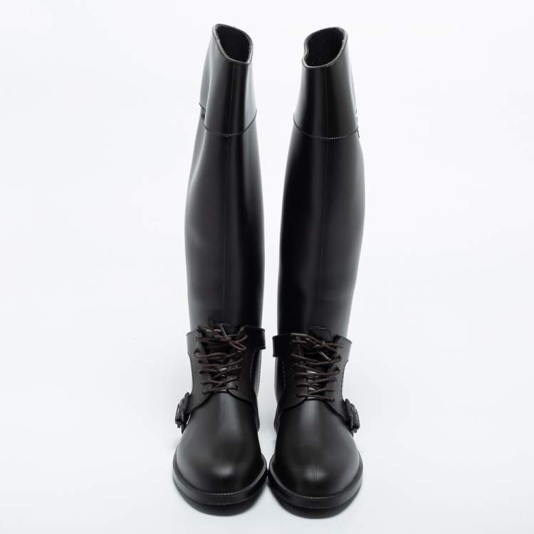Pre Owned Givenchy Brown Rubber Riding Knee Length Lace Up Boots Size 39