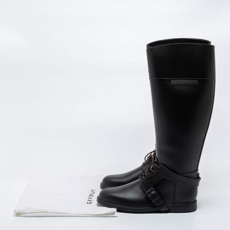 Pre Owned Givenchy Brown Rubber Riding Knee Length Lace Up Boots Size 39