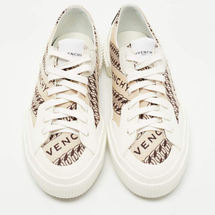 Pre Owned Givenchy Brown/White Leather and Canvas Chain Tennis Light Sneakers Size 38               
