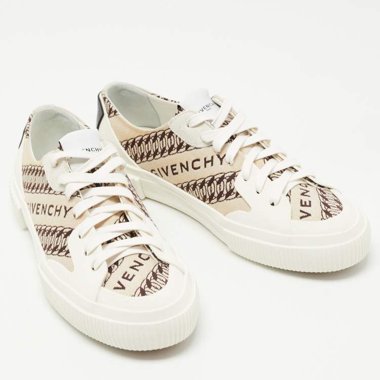 Pre Owned Givenchy Brown/White Leather and Canvas Chain Tennis Light Sneakers Size 38               