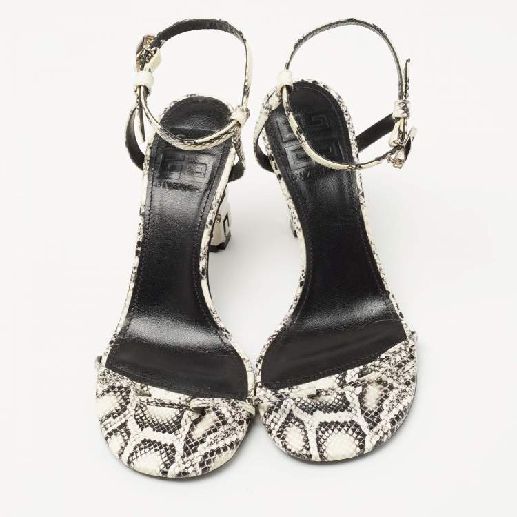 Pre Owned Givenchy White/Black Python Embossed Leather G Cube Heel Ankle Strap Sandals Size 37