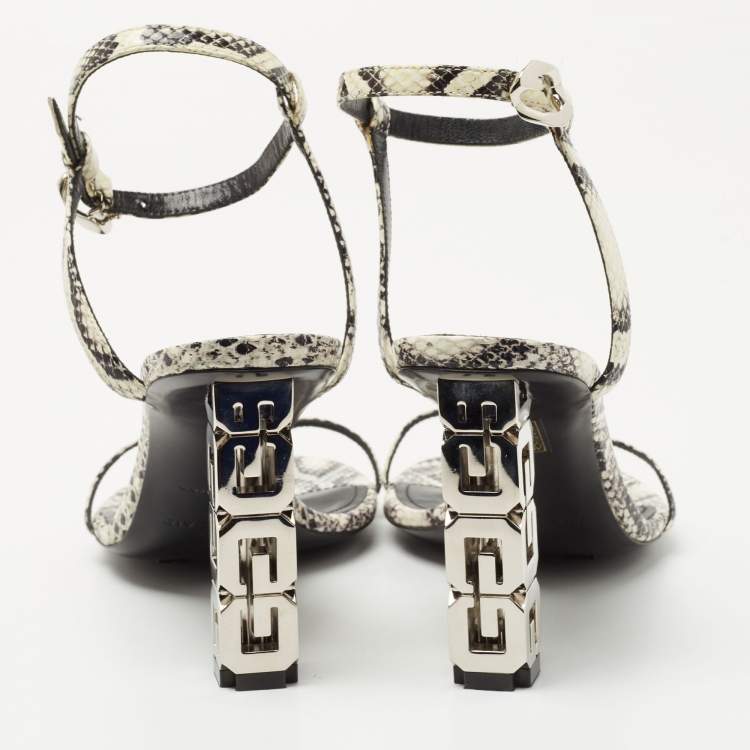 Pre Owned Givenchy White/Black Python Embossed Leather G Cube Heel Ankle Strap Sandals Size 37