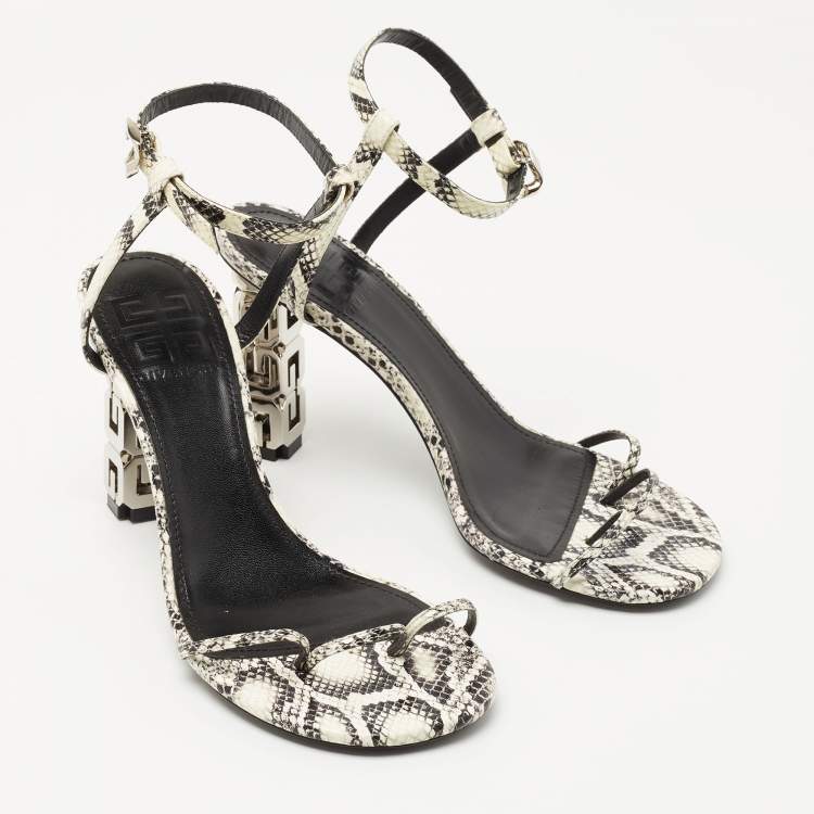 Pre Owned Givenchy White/Black Python Embossed Leather G Cube Heel Ankle Strap Sandals Size 37