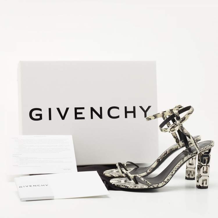 Pre Owned Givenchy White/Black Python Embossed Leather G Cube Heel Ankle Strap Sandals Size 37