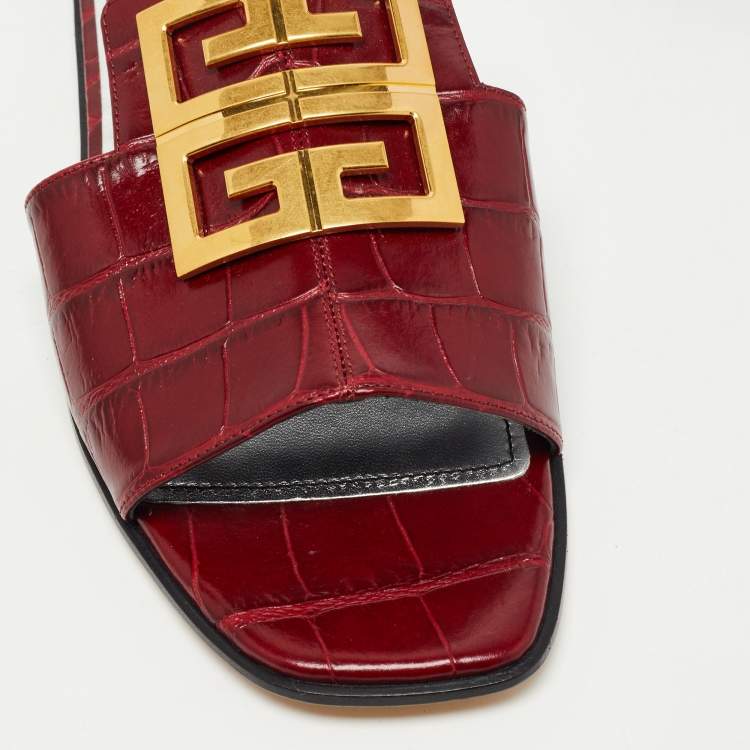 Pre Owned Givenchy Burgundy Croc Embossed Leather 4G Slide Flats Size 38.5