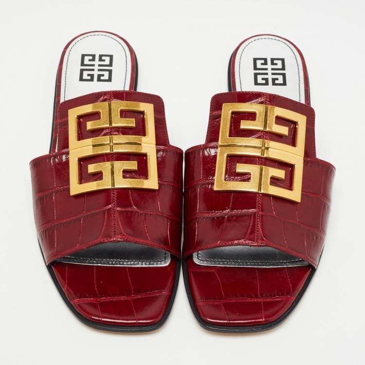 Pre Owned Givenchy Burgundy Croc Embossed Leather 4G Slide Flats Size 38.5