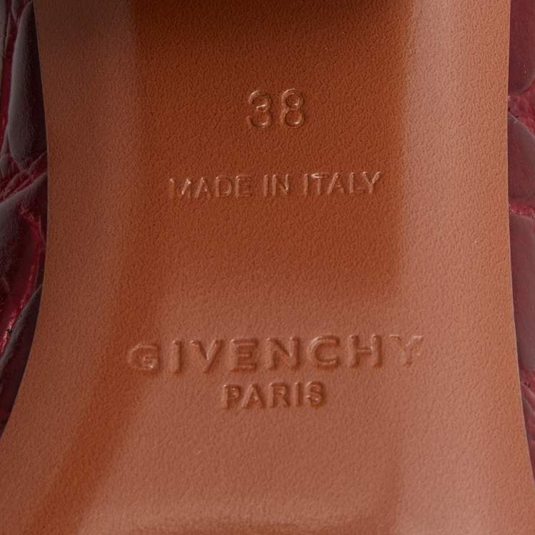 Pre Owned Givenchy Burgundy Croc Embossed Leather Triangle Mules Size 38
