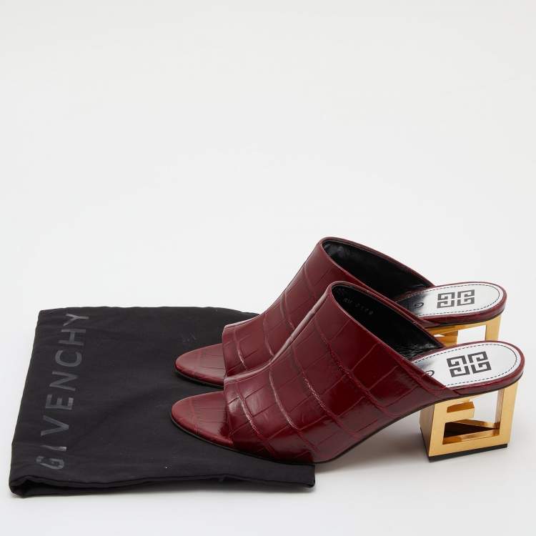 Pre Owned Givenchy Burgundy Croc Embossed Leather Triangle Mules Size 38