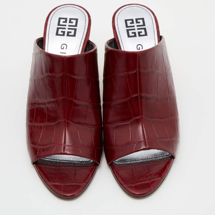 Pre Owned Givenchy Burgundy Croc Embossed Leather Triangle Mules Size 38