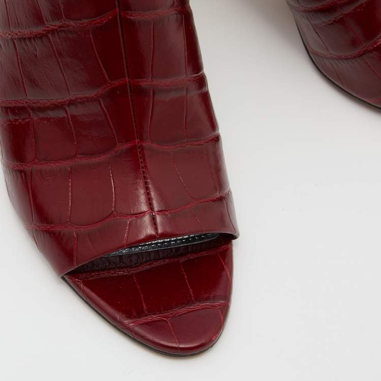 Pre Owned Givenchy Burgundy Croc Embossed Leather Triangle Mules Size 38