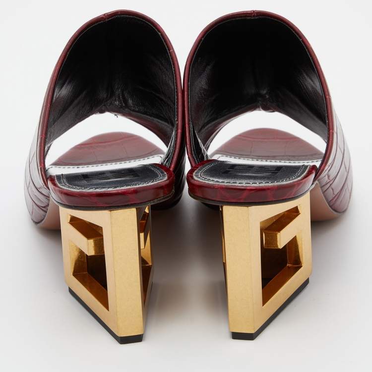 Pre Owned Givenchy Burgundy Croc Embossed Leather Triangle Mules Size 38