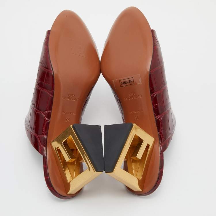 Pre Owned Givenchy Burgundy Croc Embossed Leather Triangle Mules Size 38