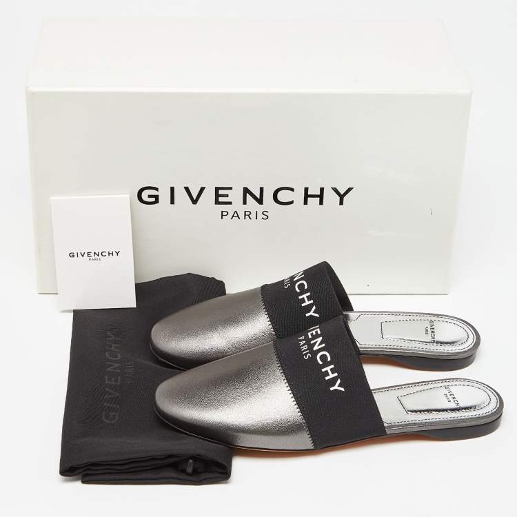 Pre Owned Givenchy Metallic Grey Leather Bedford Flat Mules Size 36
