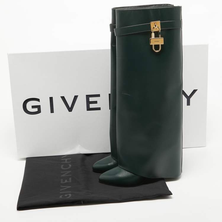 Pre Owned Givenchy Green Leather Shark Lock Wedge Knee Length Boots Size 40