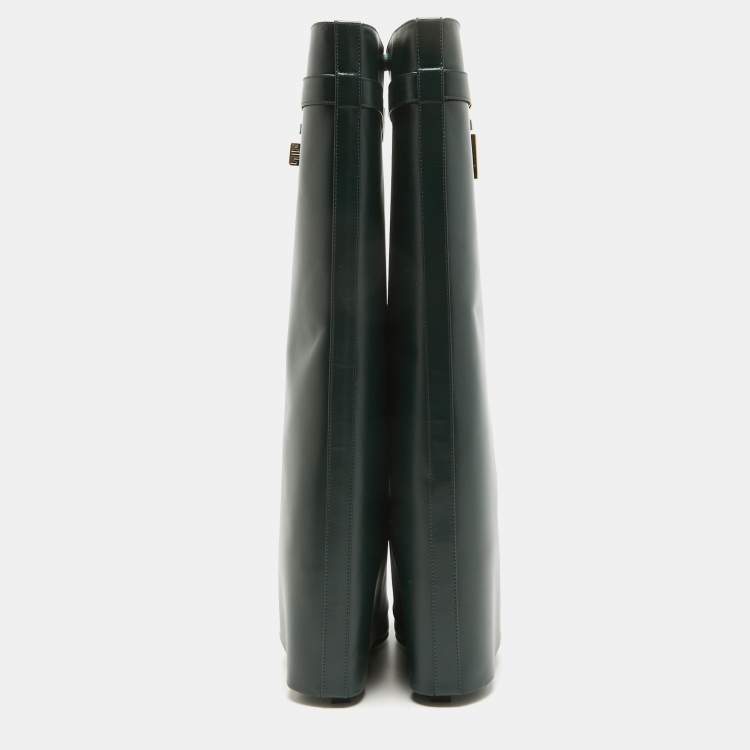 Pre Owned Givenchy Green Leather Shark Lock Wedge Knee Length Boots Size 40