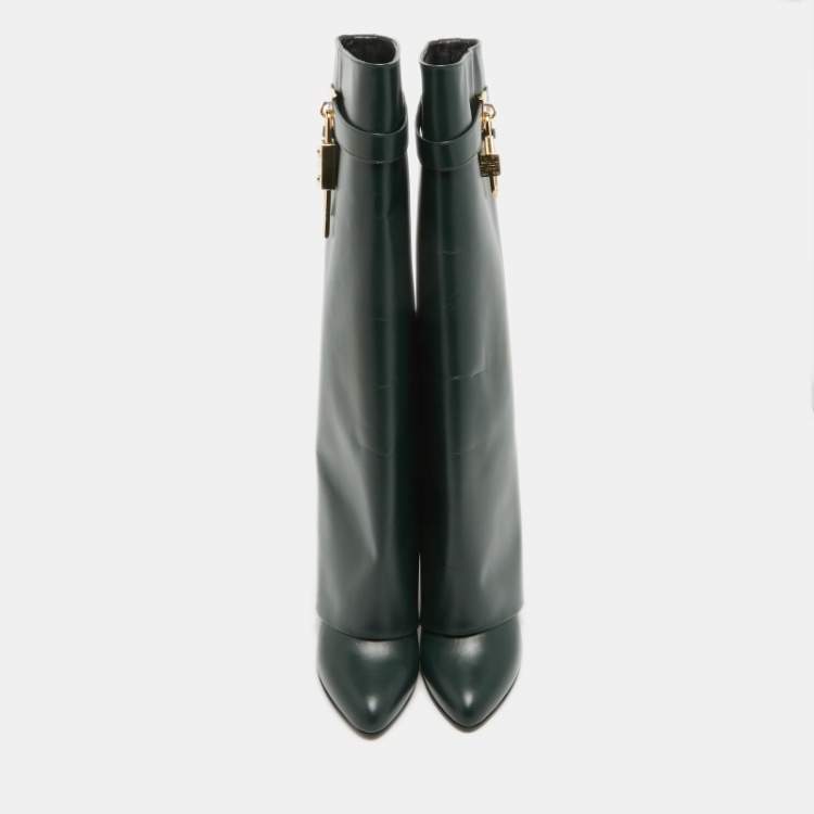 Pre Owned Givenchy Green Leather Shark Lock Wedge Knee Length Boots Size 40