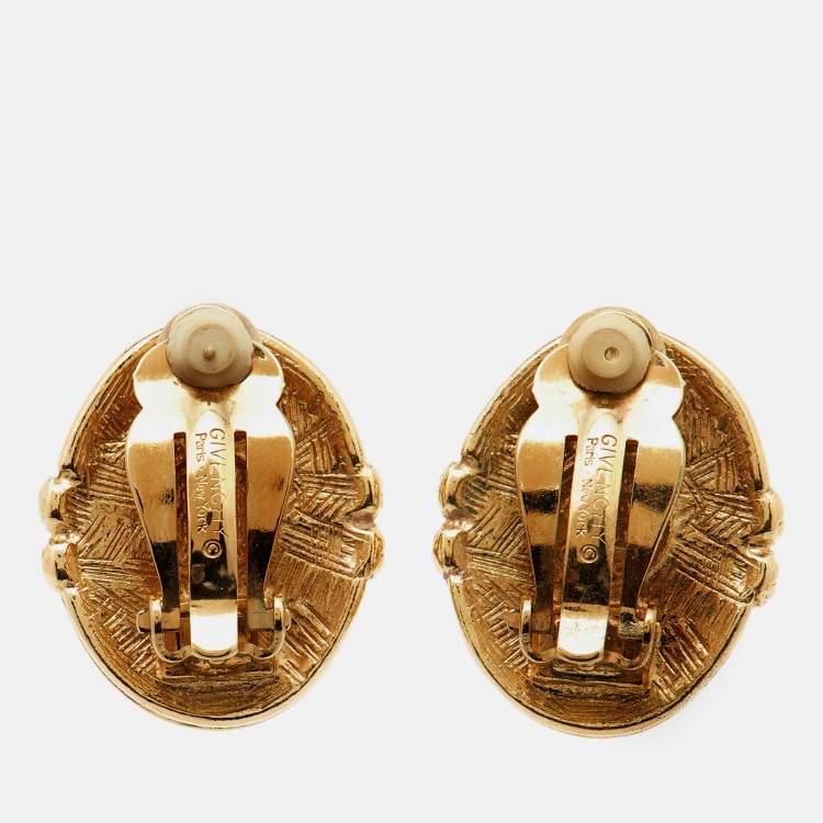 Pre Owned Givenchy Gold Tone GG Faux Pearl Clip-On Earrings