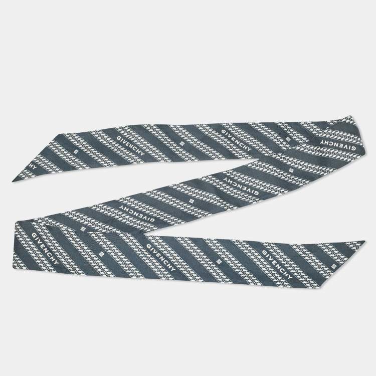 Pre Owned Givenchy Navy Blue Logo Chain Print Silk Bandeau Scarf
