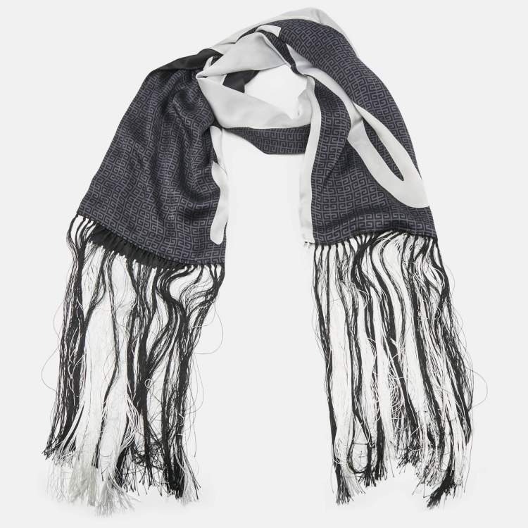 Pre Owned Givenchy Black Monogram Print Satin Silk Fringed Scarf 