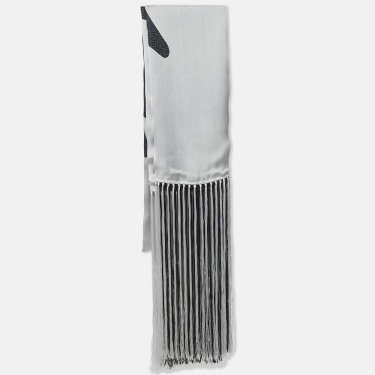 Pre Owned Givenchy Black Monogram Print Satin Silk Fringed Scarf 