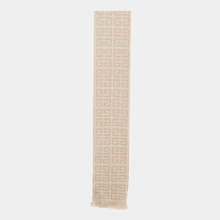 Pre Owned Givenchy Beige Monogram Wool Knit Fringed Scarf