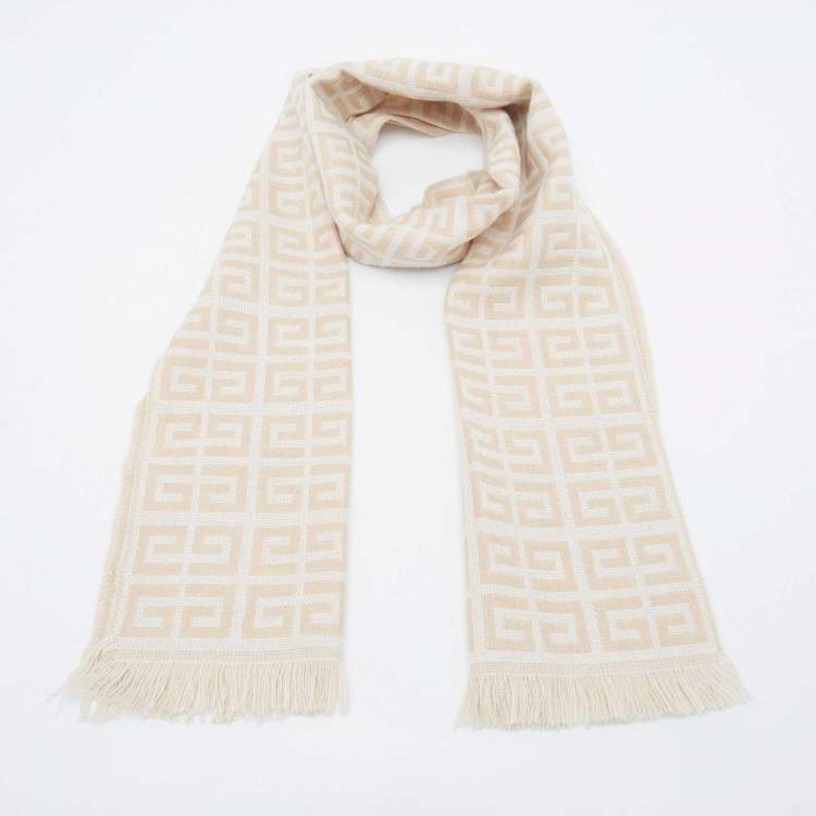 Pre Owned Givenchy Beige Monogram Wool Knit Fringed Scarf