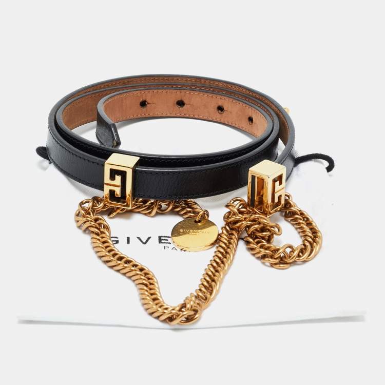 Pre Owned Givenchy Black Leather Chain Detail Slim Belt 75 CM