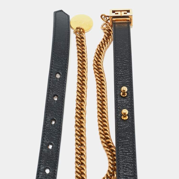 Pre Owned Givenchy Black Leather Chain Detail Slim Belt 75 CM