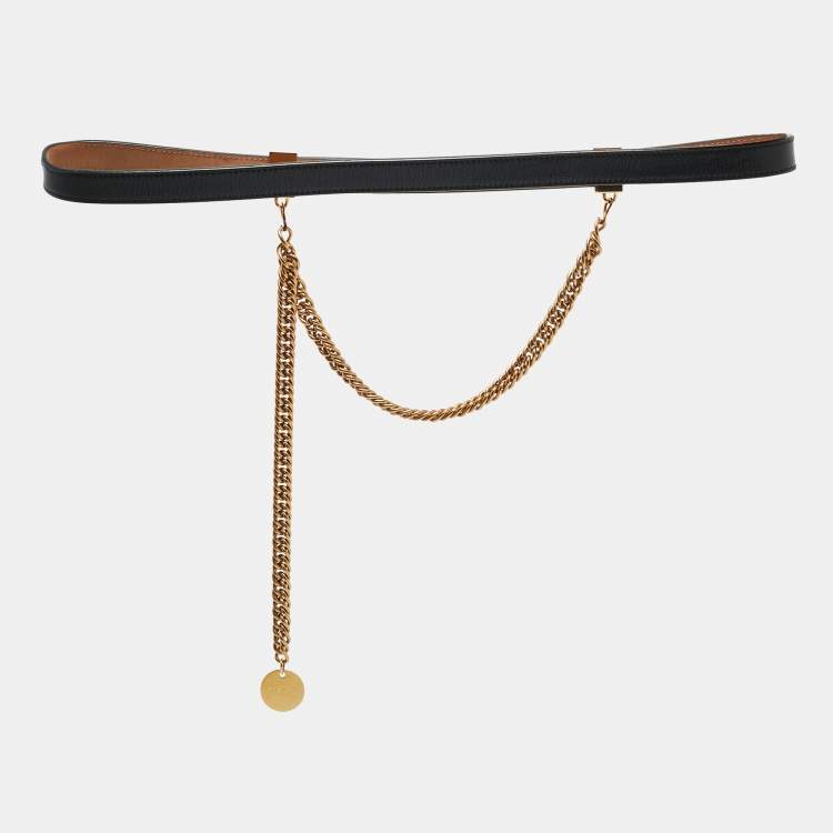 Pre Owned Givenchy Black Leather Chain Detail Slim Belt 75 CM