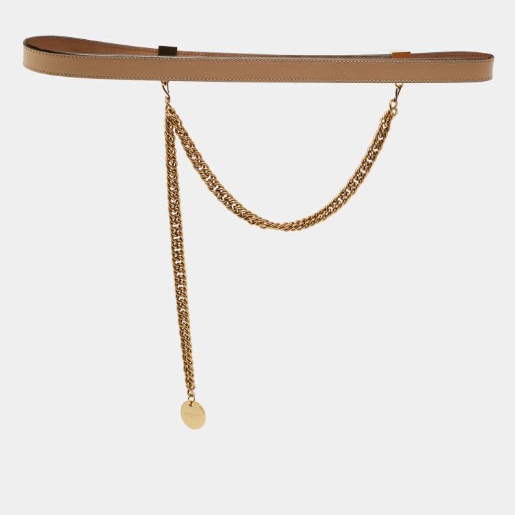 Pre Owned Givenchy Beige Leather Chain Detail Slim Belt 70 CM