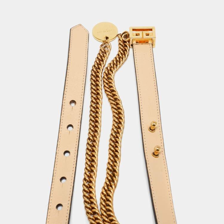 Pre Owned Givenchy Beige Leather Chain Detail Slim Belt 70 CM