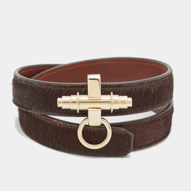 Pre Owned Givenchy Obsedia Pony Hair Gold Tone Leather Wrap Bracelet