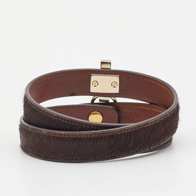 Pre Owned Givenchy Obsedia Pony Hair Gold Tone Leather Wrap Bracelet