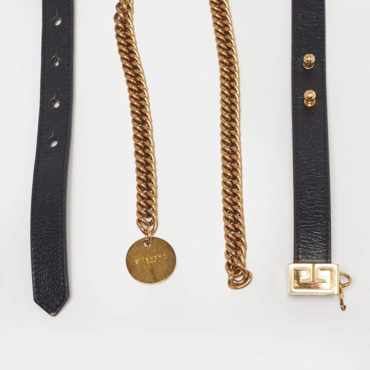 Pre Owned Givenchy Chain Detail Slim 75 CM Belt Black Leather