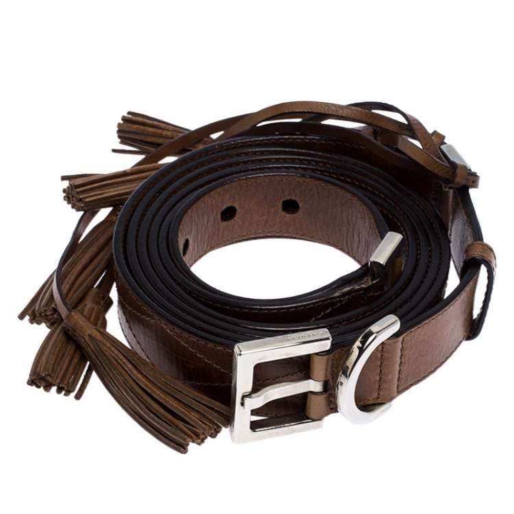 Pre Owned Givenchy Brown Leather Tassel Double Wrap Buckle Belt 195CM