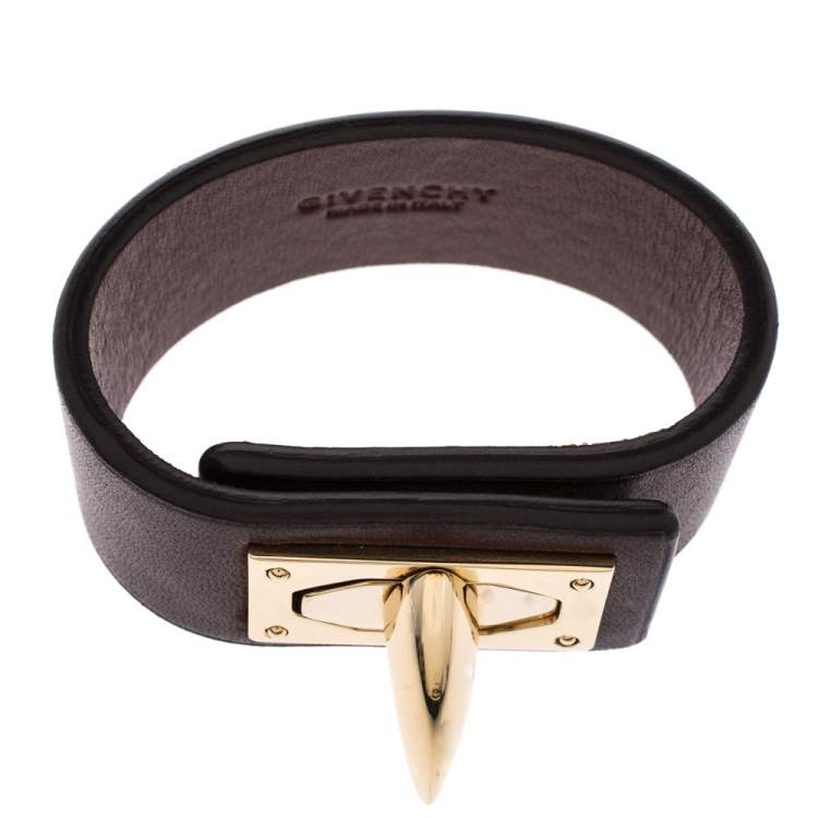 Pre Owned Givenchy Brown Leather Shark Tooth Lock Pale Gold Tone Bracelet