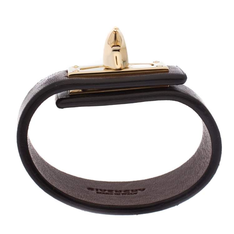 Pre Owned Givenchy Brown Leather Shark Tooth Lock Pale Gold Tone Bracelet