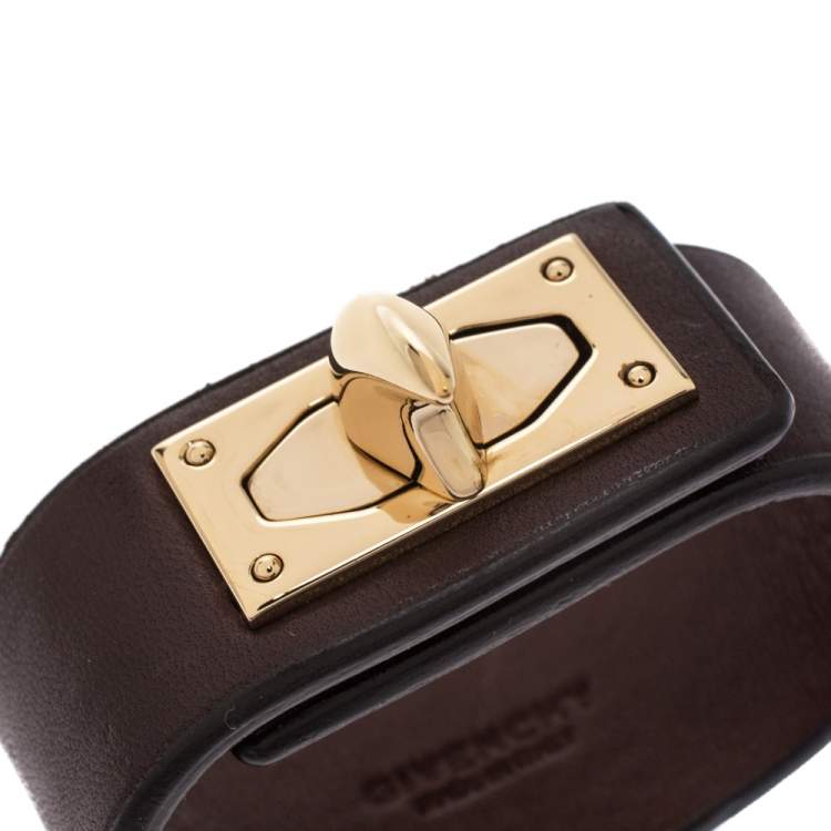 Pre Owned Givenchy Brown Leather Shark Tooth Lock Pale Gold Tone Bracelet