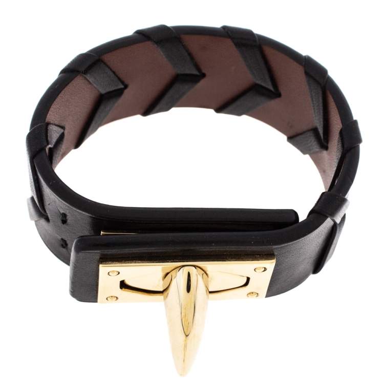 Pre Owned Givenchy Leather Shark Tooth Motif Gold Tone Bracelet
