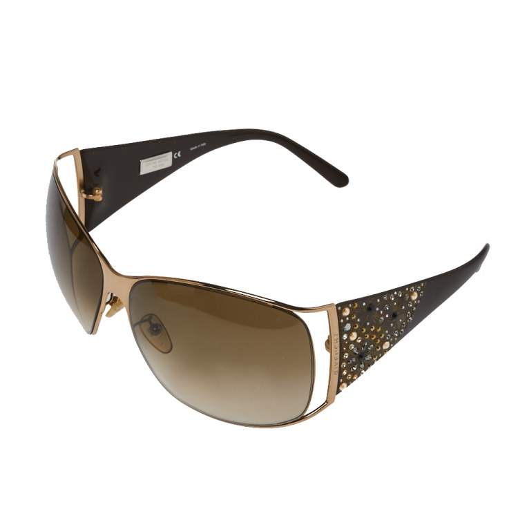 Pre Owned Givenchy Brown Floral Crystal Embellished/Brown Gradient SGV 364S Limited Edition Oversized Sunglasses