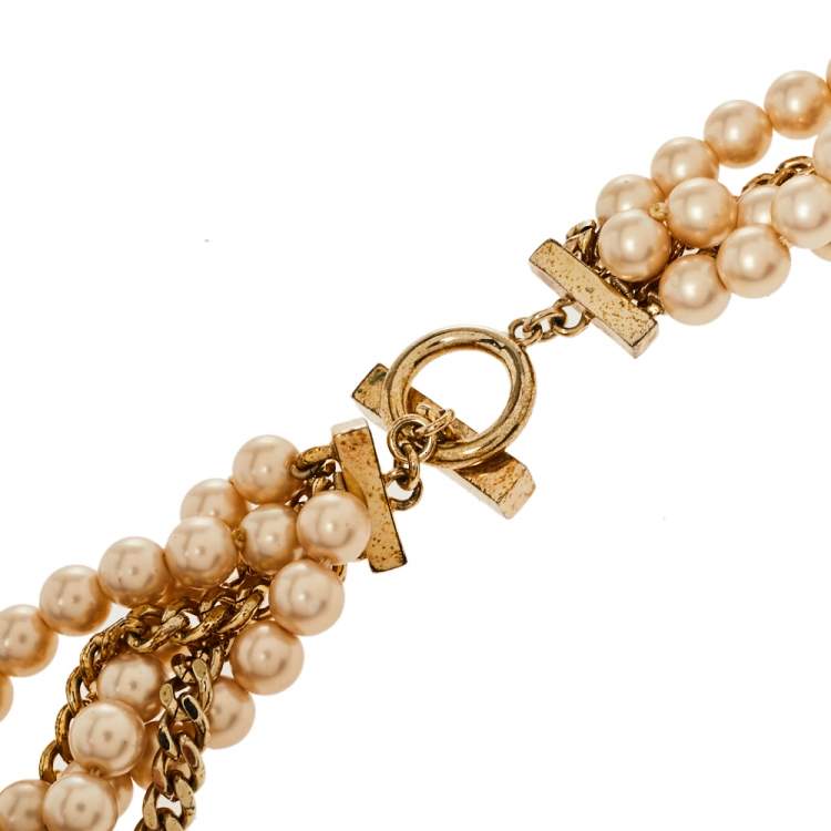 Pre Owned Givenchy Faux Pearl Gold Tone Multistrand Chain Toggle  Necklace