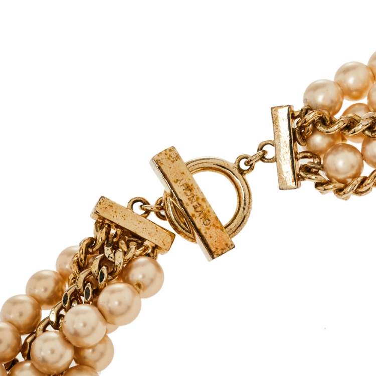 Pre Owned Givenchy Faux Pearl Gold Tone Multistrand Chain Toggle  Necklace