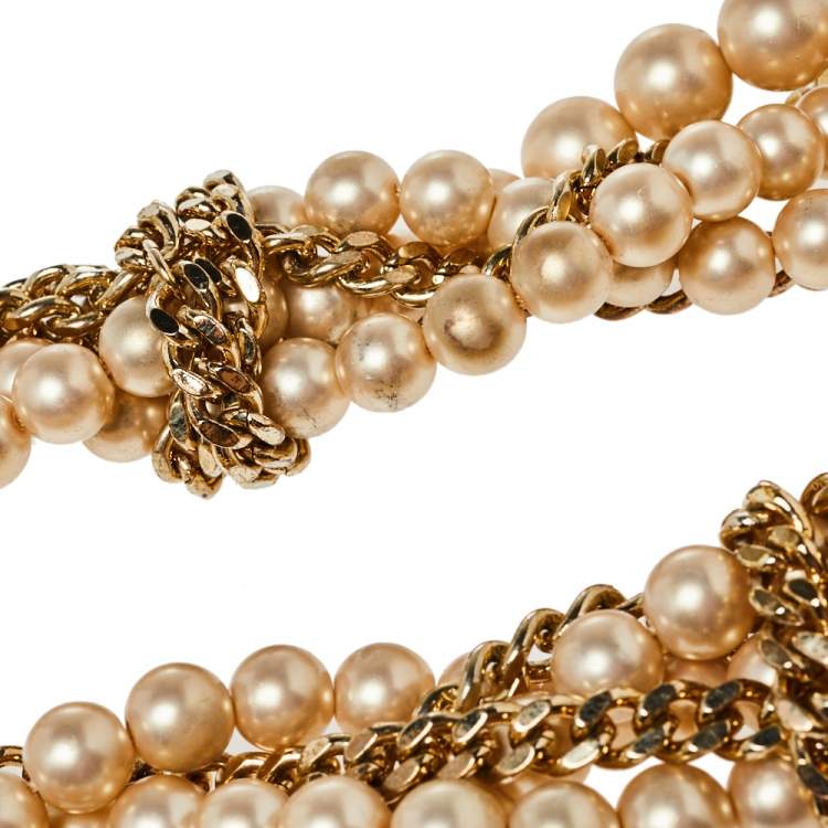 Pre Owned Givenchy Faux Pearl Gold Tone Multistrand Chain Toggle  Necklace