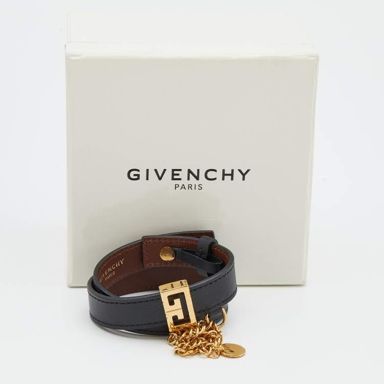 Pre Owned Givenchy Black Leather Chain Detail Wrap Bracelet