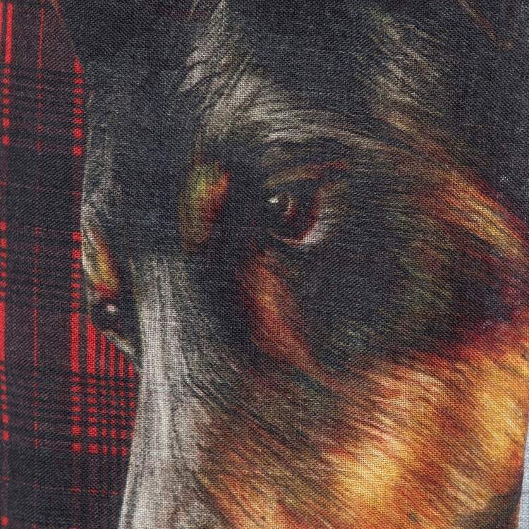 Pre Owned Givenchy Red & Black Doberman & Tartan Printed Wool Scarf