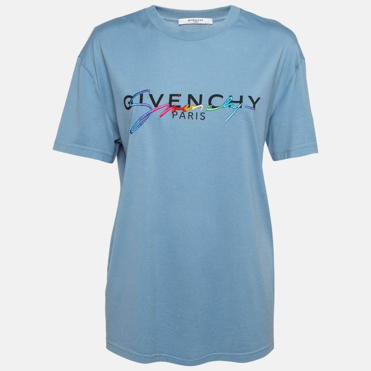 Pre Owned Givenchy Blue Signature Embroidered Cotton T-Shirt XS